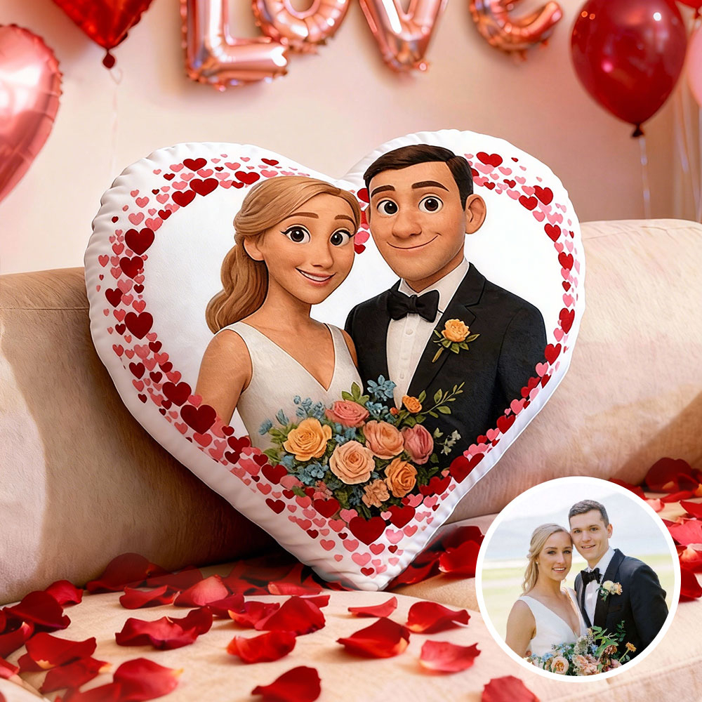 Custom Couple Photo Pillow – Red Heart-shaped Personalized Pillow For Valentine’s Day Gifts - namenecklace