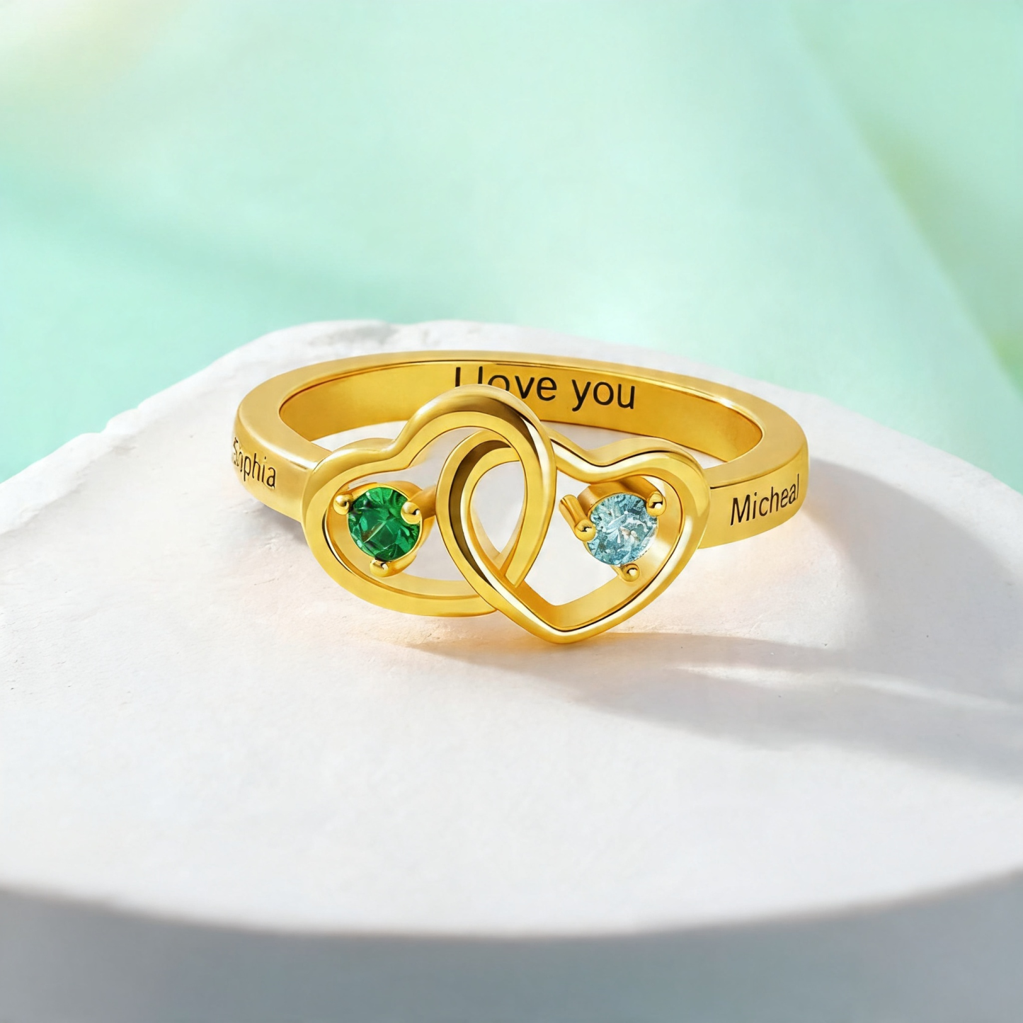 Personalized Interlocking Two Heart Birthstone Ring Custom Name Engagement Jewelry Gift for Girlfriend