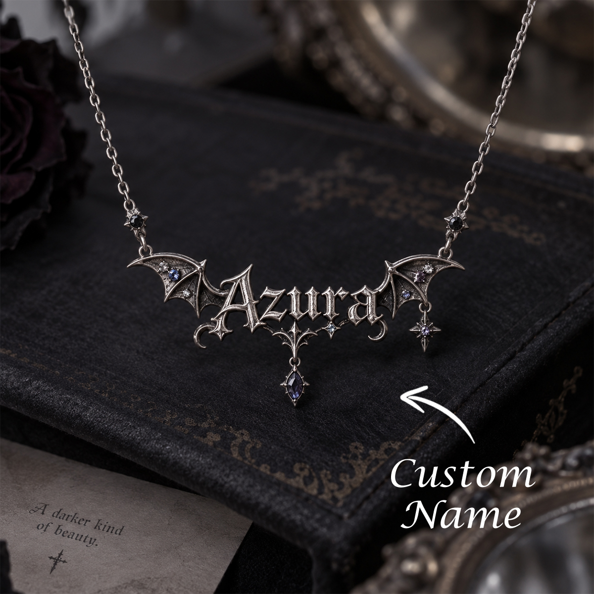 Gothic Bat Name Necklace – 925 Sterling Silver Personalized Necklace with Dark Bat-Inspired Design - namenecklace