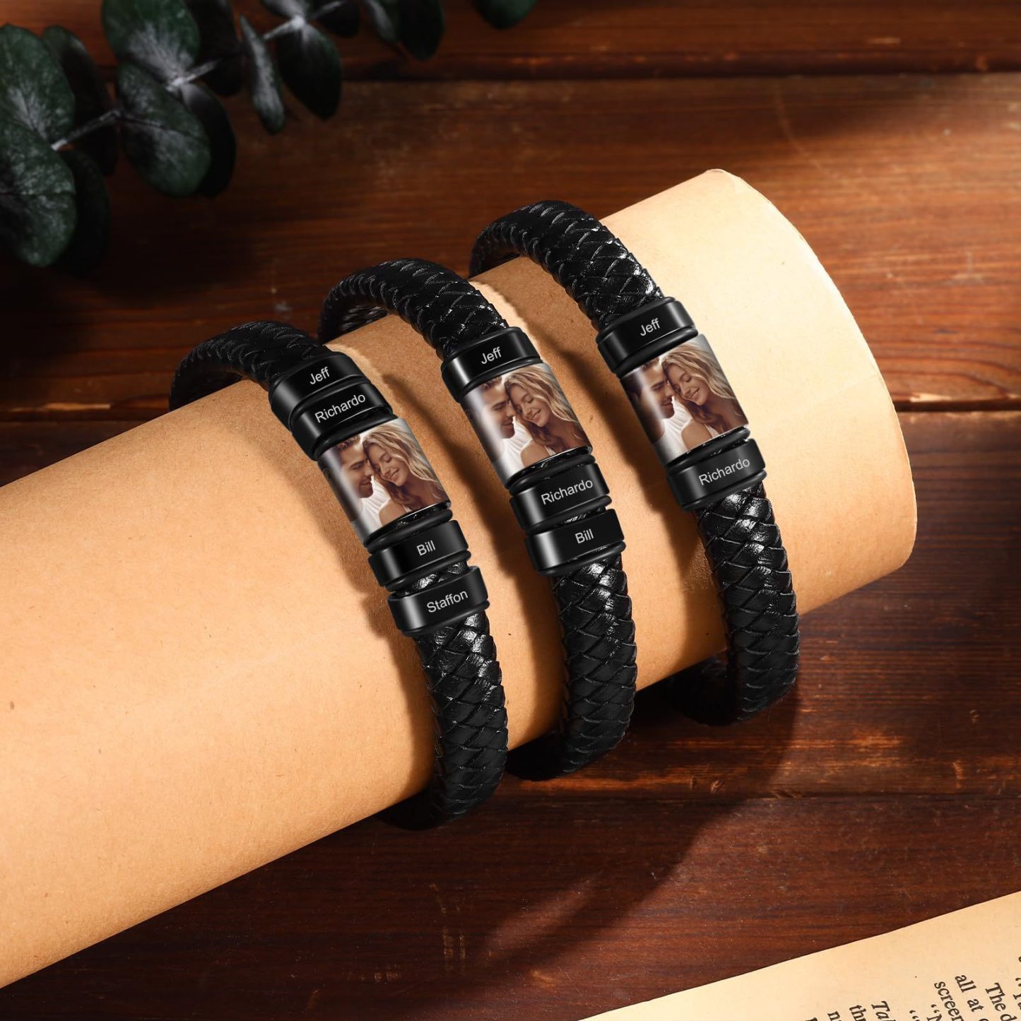 Custom Photo Leather Bracelet Personalized Dad Bracelet with Kids' Names and Picture Valentine's Gfft for Him