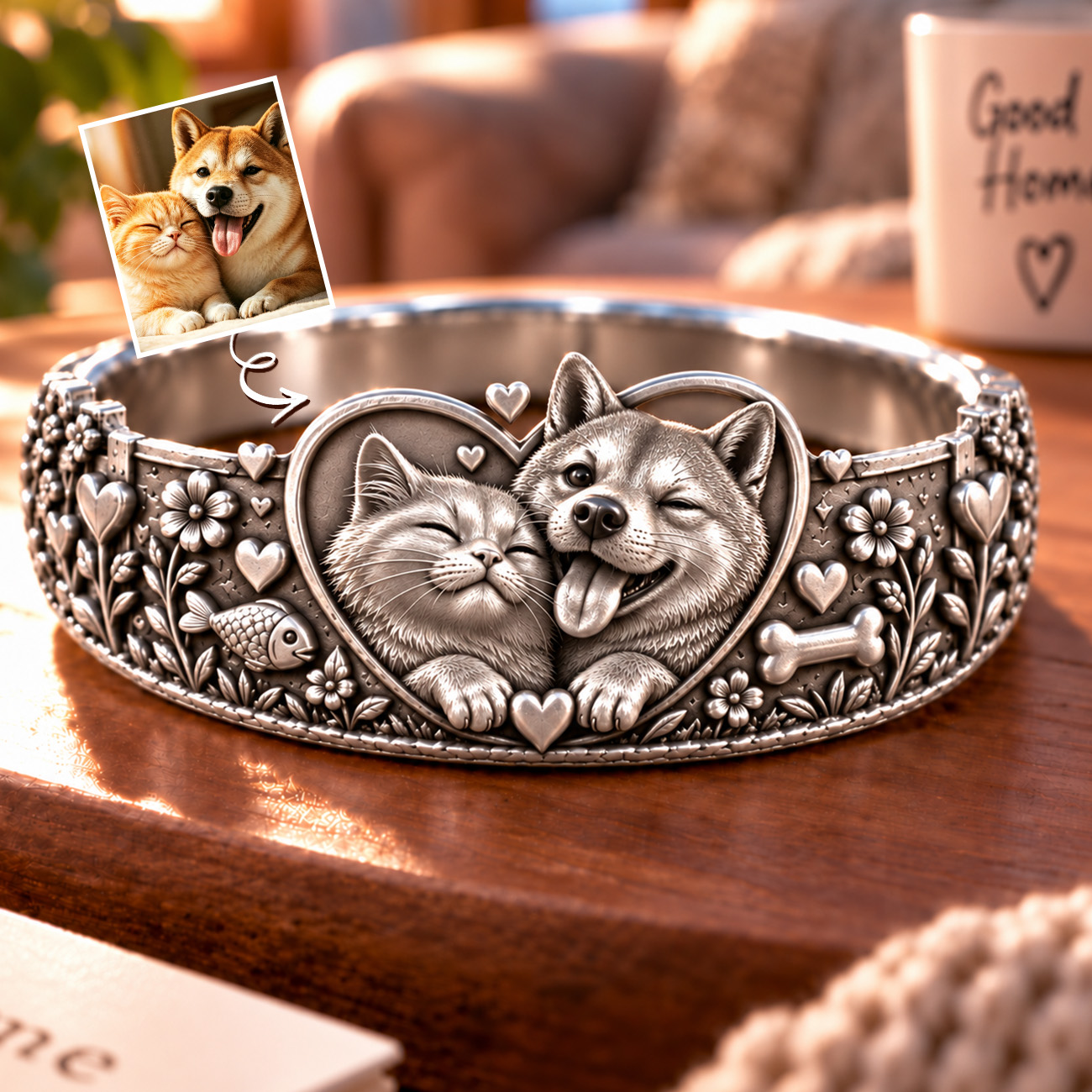 Personalized S925 Sterling Silver 3D Pet Ring, Custom Photo to 3D Sculpted Dog & Cat Animal Ring, Floral Heart Scene Unique Pet Mom Keepsake Jewelry - namenecklace
