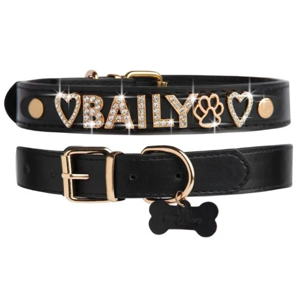 Luxury Leather Dog Collar Personalized Leather Dog Collar with Name & Zirconia Custom Jeweled Name Leather Dog Collar
