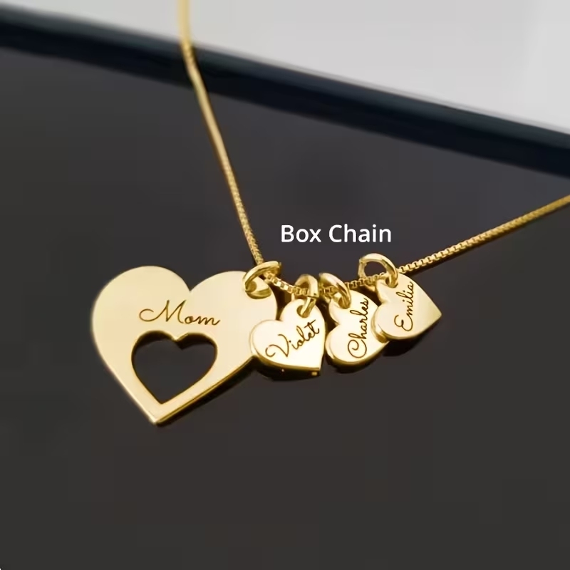 Personalized Family Heart Necklace – Large Pendant with Optional Kids’ Name Mini Heart Charms for Moms