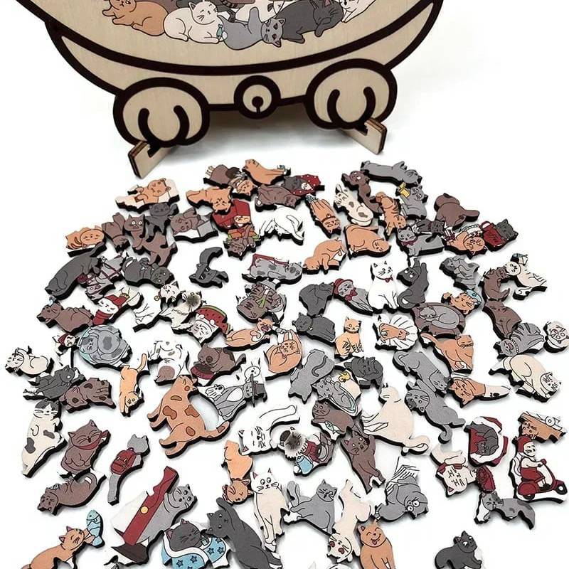 135-Piece Morandi-Colored Cat Shaped Wooden Jigsaw Puzzle Unique Gift for Cat Lover