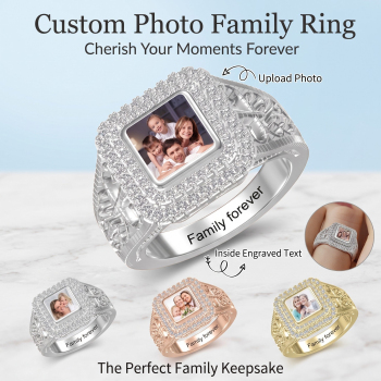 Custom Photo Engraved Name Personalized Square Shaped Ring with Sparkling Diamond Memorial Jewelry Gift For Family Mom Wife Girlfriend
