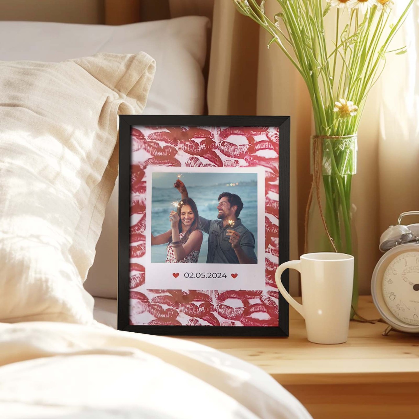 Personalized Kiss Print Photo Frame Custom Photo & Date Wooden Picture Frame Romantic Engraved Date & Photo Frame Anniversary Gift