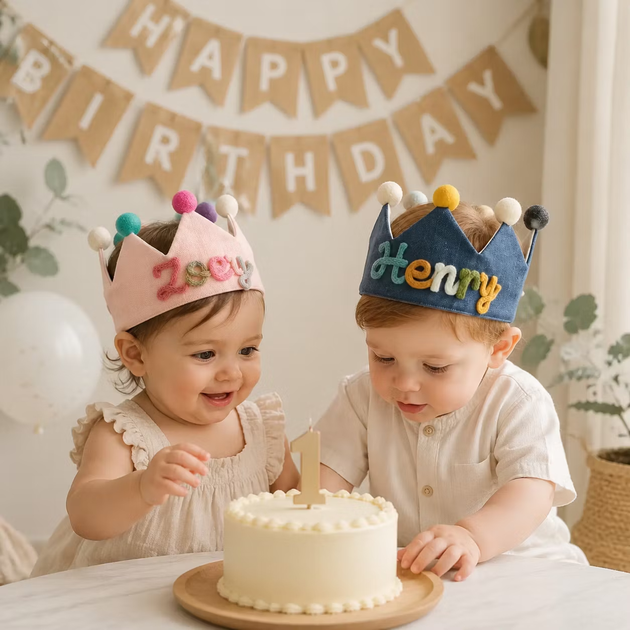 Custom Name Linen Birthday Crown Personalized Toddler Linen Birthday Crown  Embroidered Kids Photo Prop