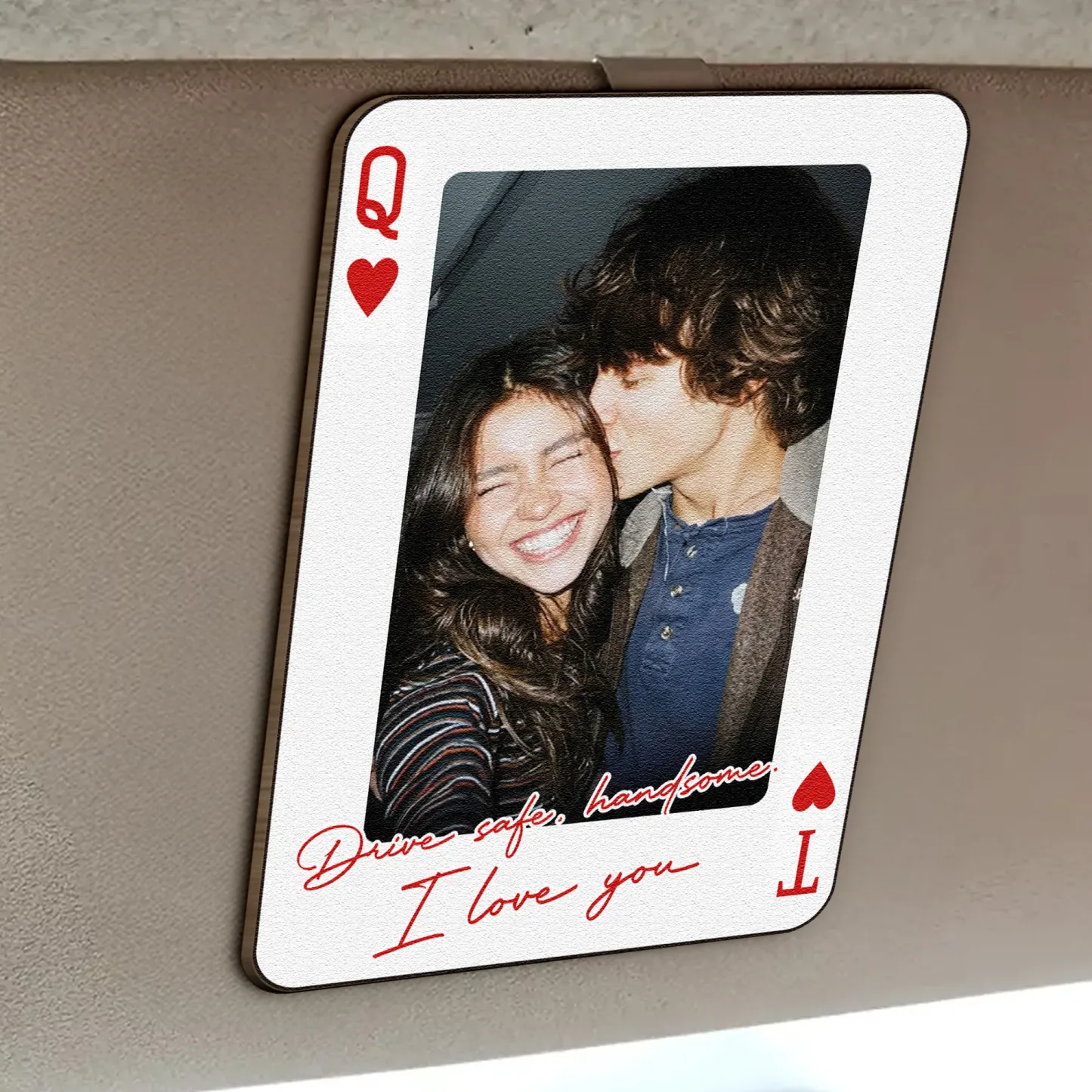 King & Queen Custom Couples Photo Drive Safe I Love You We're A Perfect Pair - Personalized Wooden Photo Car Visor Clip - namenecklace