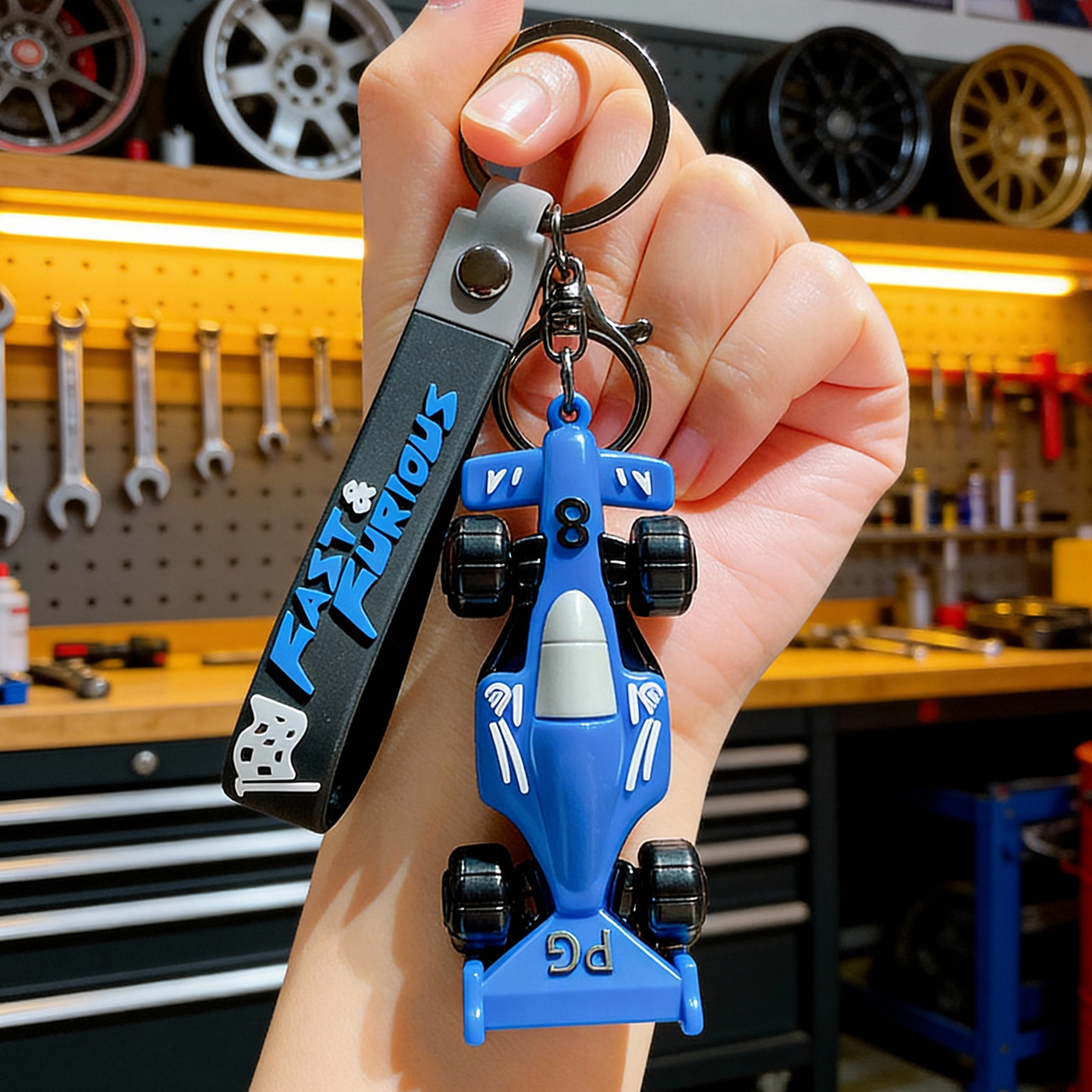 Mini F1 Race Car Keychain Fast Furious Wristlet Strap Key Ring Gift for Kids