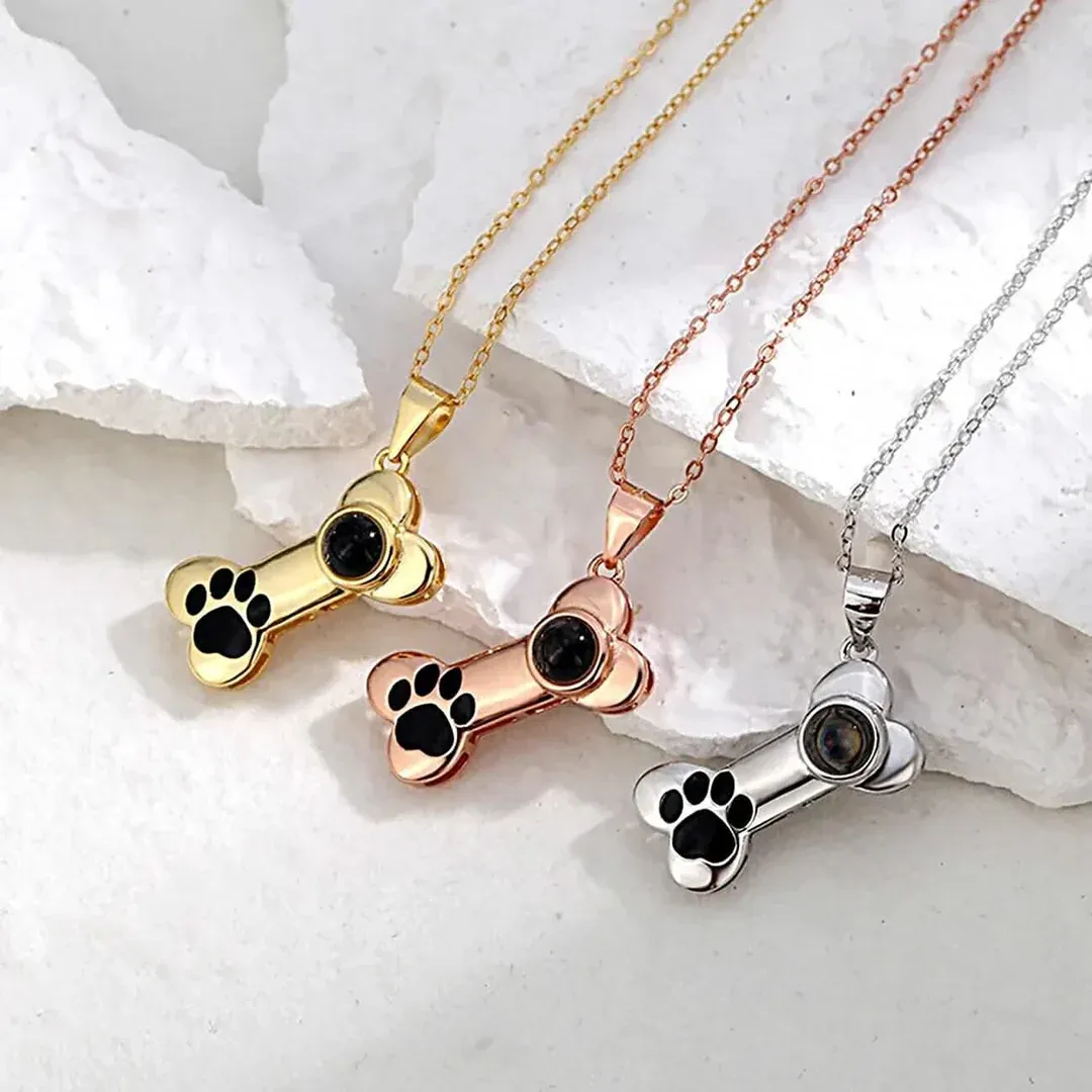 Personalized Dog Bone Projection Necklace with Custom Photo Inside  Unique Pet Memory Keepsake Gift