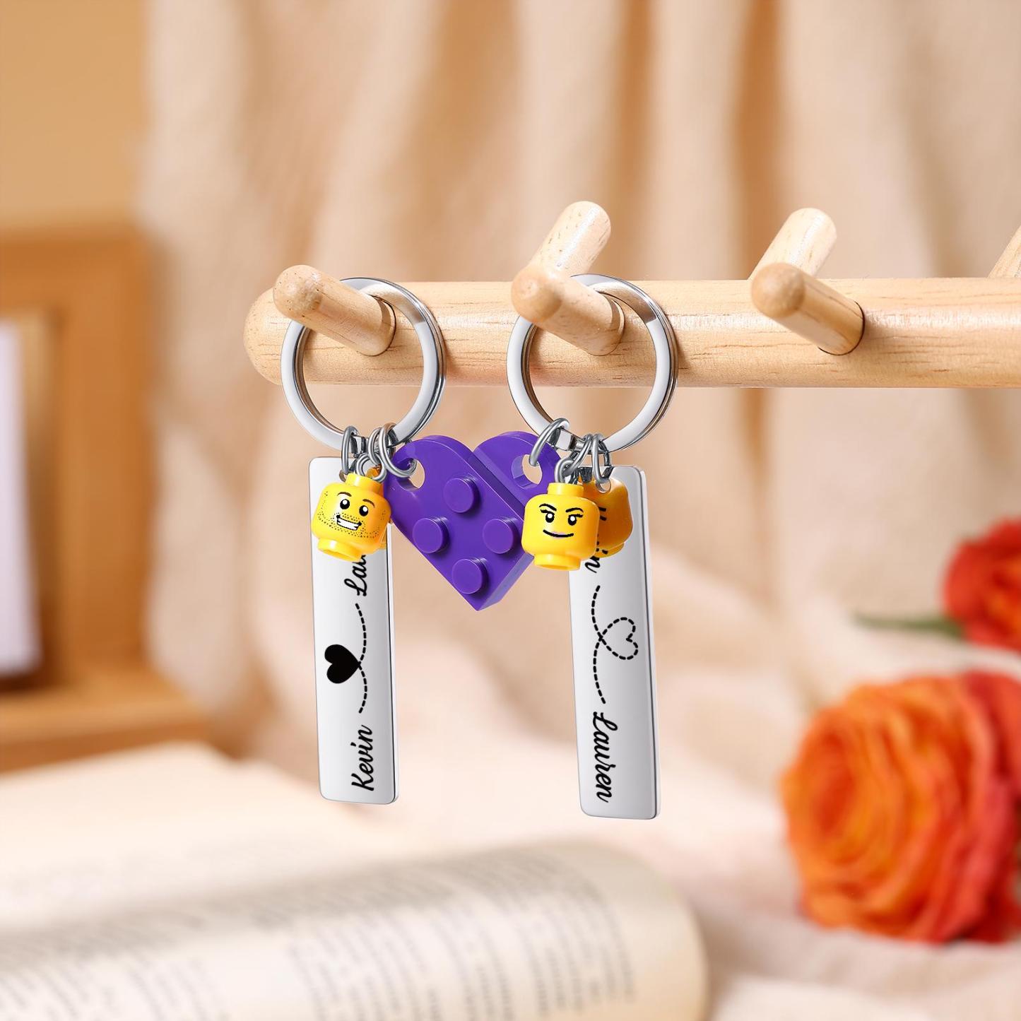 Personalized Building Block Heart KeychainCustom Engraved Couple Keychain Set Stamped Heart Puzzle Keychain Valentine's Day Gifts