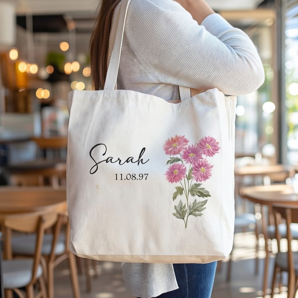 Custom Family Birth Month Flower Canvas Tote Bag Personalized Birth Flower Bouquet Tote Bag Customized Name And Special Date Handbag Eco Friendly Gift For Her