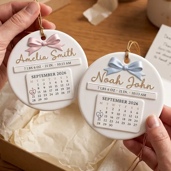 New Baby Ornament - Personalized Baby Birth Stats Calendar Ornament – Custom Name, Birth Date, Weight & Time Keepsake - Personalized Circle Ceramic 3D Ornament