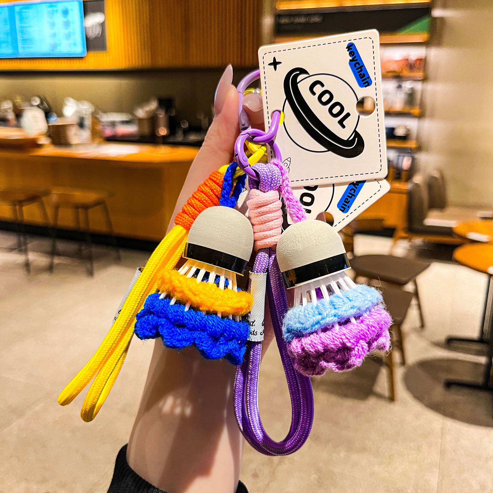 Creative Handmade Crochet Badminton Keychain Knitted Woolen Shuttlecock Keyring With Paracord Wrist Lanyard For Badminton Enthusiasts