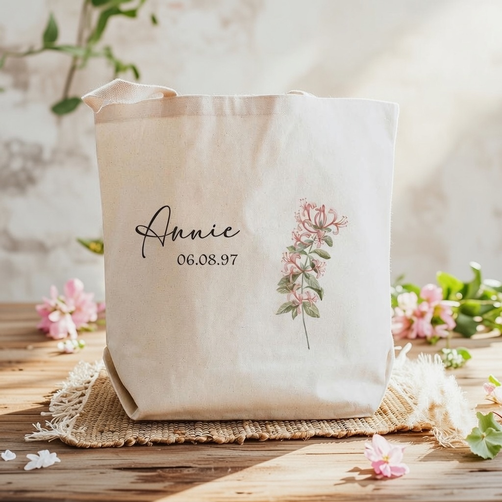 Custom Family Birth Month Flower Canvas Tote Bag Personalized Birth Flower Bouquet Tote Bag Customized Name And Special Date Handbag Eco Friendly Gift For Her