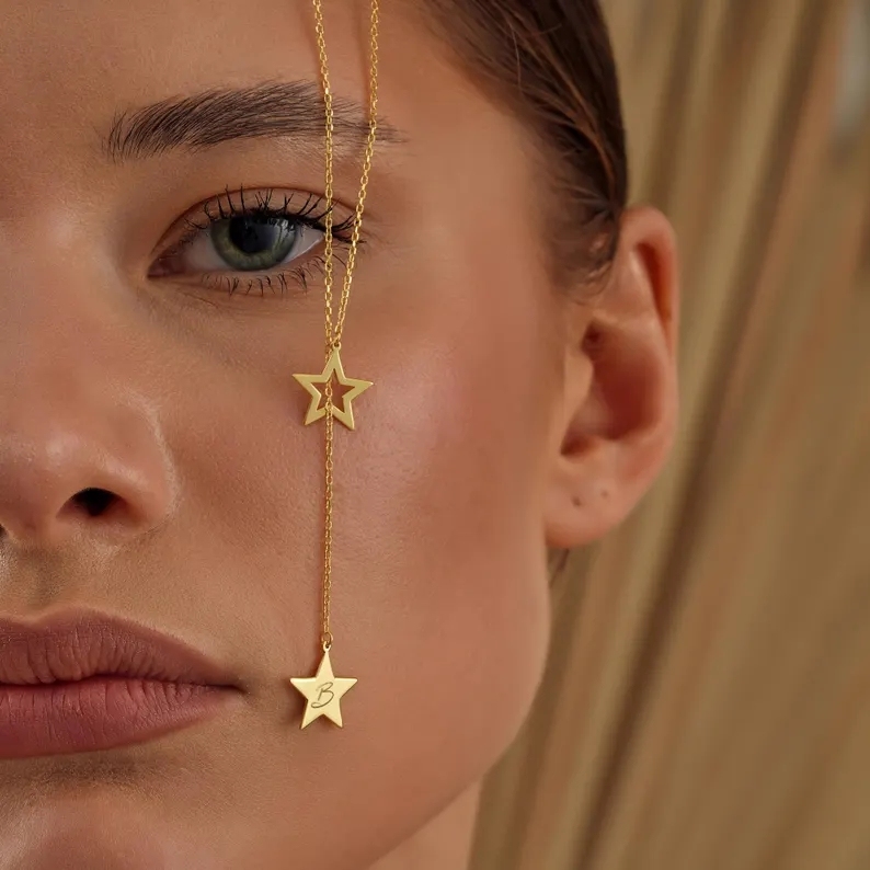 Personalized Initial Star Lariat Necklace Dainty Dangling Necklace for Women,  Custom Your Letter Star Necklace Mother's Day Gift