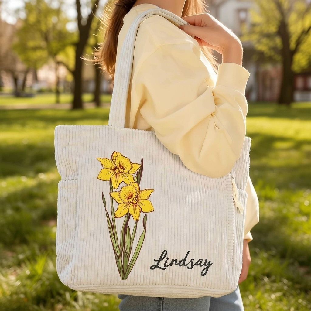 Personalized Name Birth Flower Corduroy Tote Bag Custom Birth Month Flower Corduroy Tote Bag Large Capacity Zippered Commuter Handbag with Side Pockets Gift for Her