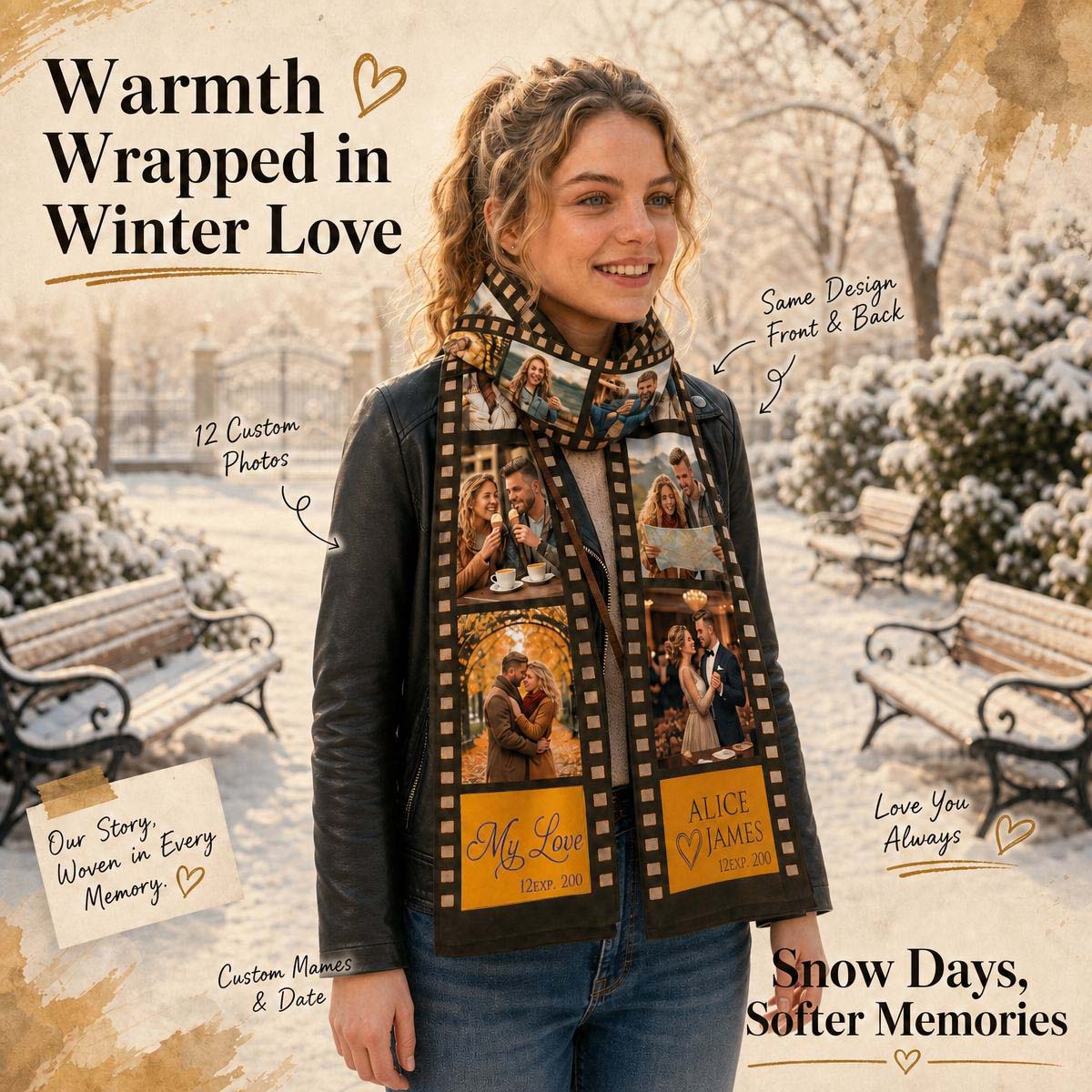 Personalized 12 Photo Film Strip Scarf Custom Names Date Text Printed Winter Scarf Gift for Loved Ones