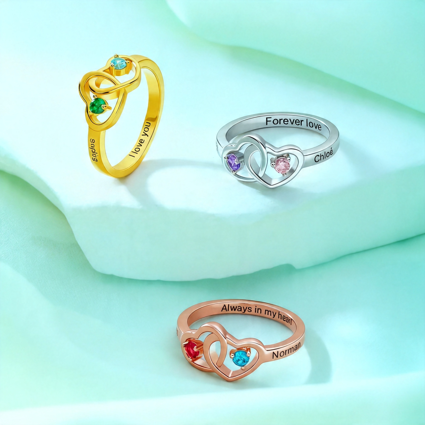 Personalized Interlocking Two Heart Birthstone Ring Custom Name Engagement Jewelry Gift for Girlfriend