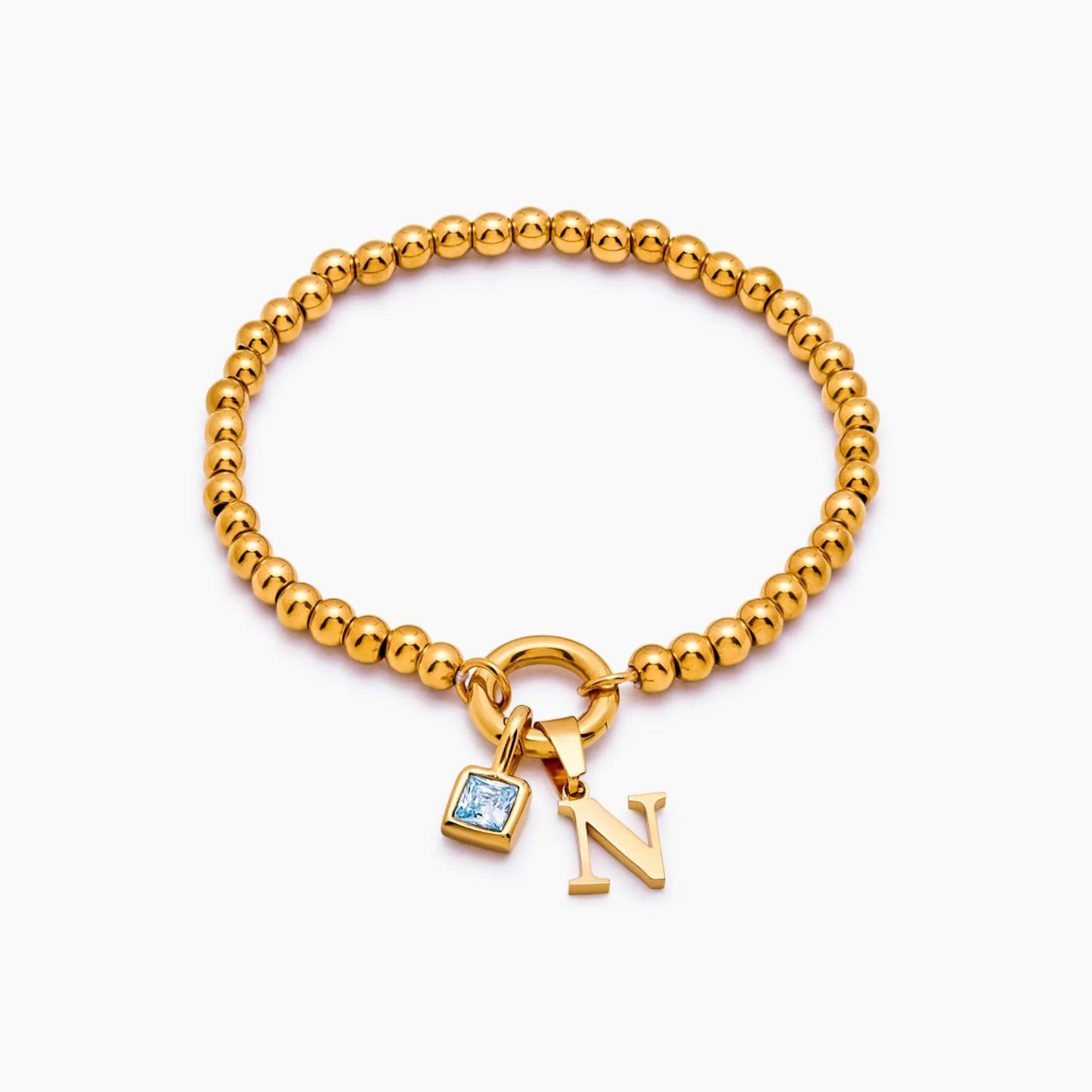Personalized Initial Birthstone Beaded Bracelet Custom Letter Birthstone Charm Bracelet Birthday Gift for Her