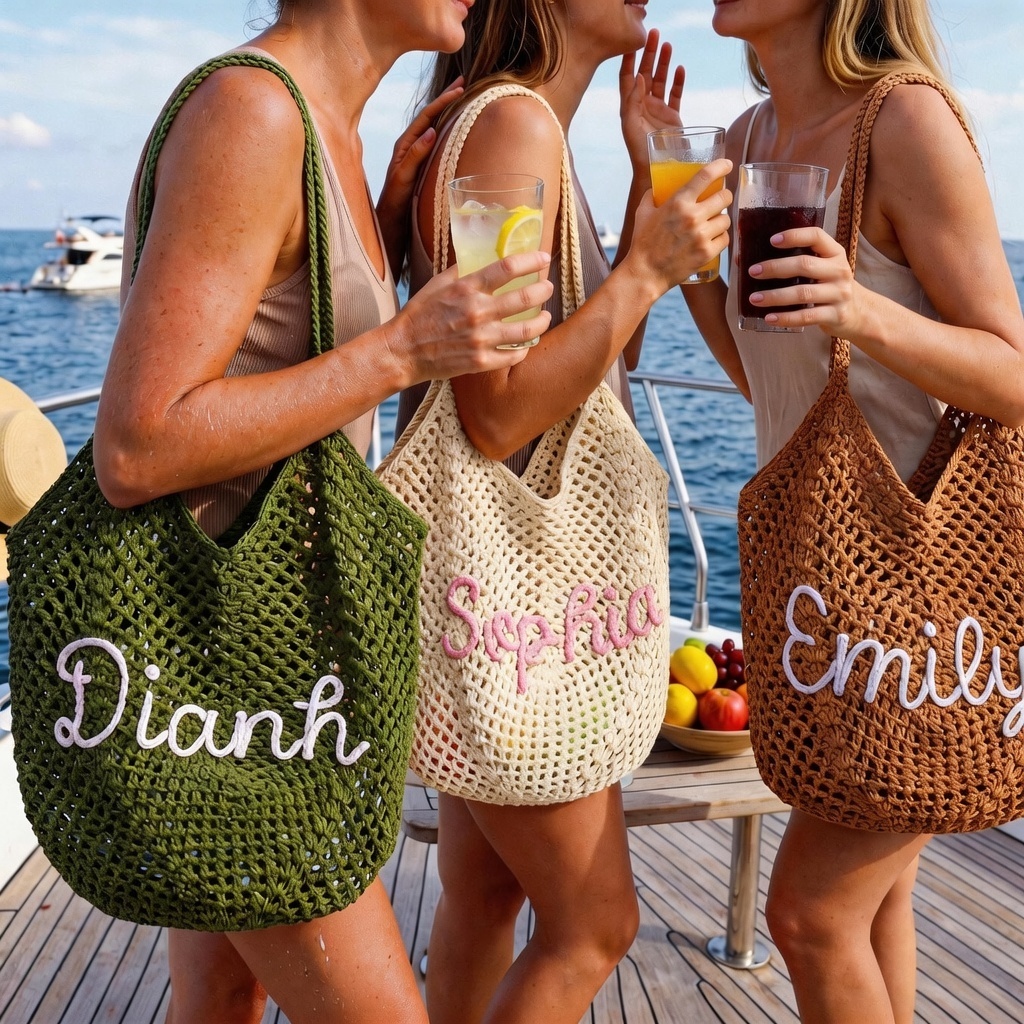Personalized Crochet Beach Bag with Custom Name Monogrammed Straw Style Mesh Bag for Summer Vacation Hand Knit Name Tote Bag - namenecklace