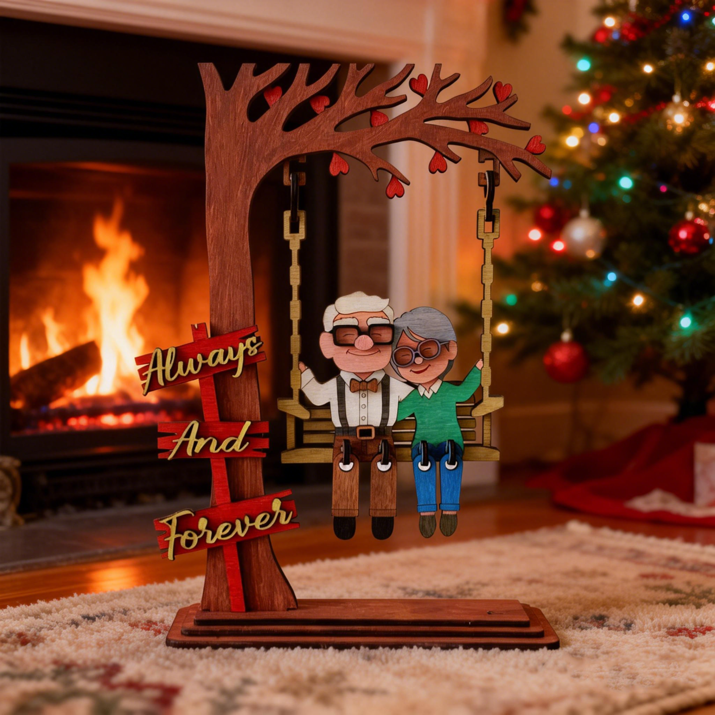 Custom Photo to Cartoon Couple on Swing Wooden Decor Personalized Relationship Milestone Tabletop Swing Ornament Valentine's Day Wooden Art