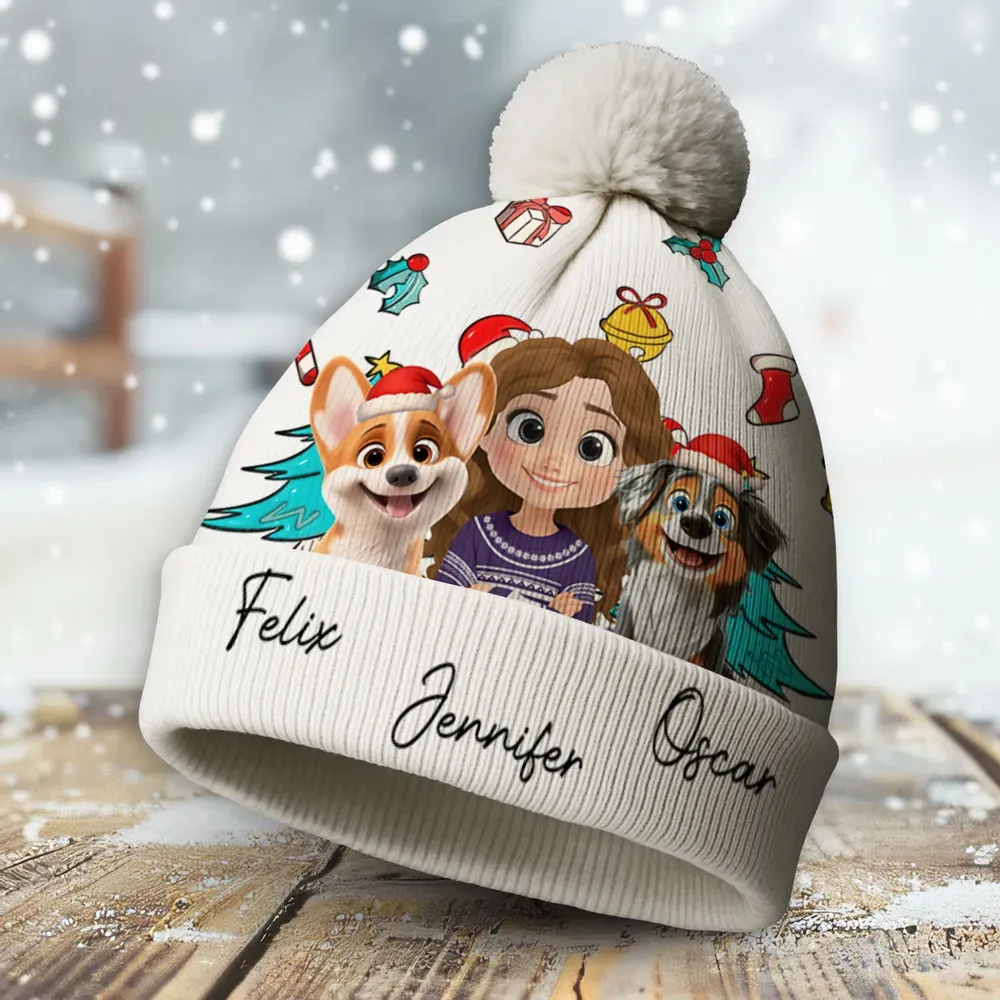 Personalized Cartoon Pet and Owner Photo Christmas Hat Custom Bobble Beanie Hat with Photo and Name Animated Portrait Beanie Hat