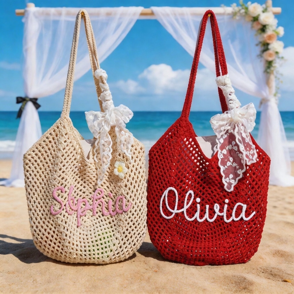 Personalized Crochet Beach Bag with Custom Name Monogrammed Straw Style Mesh Bag for Summer Vacation Hand Knit Name Tote Bag - namenecklace