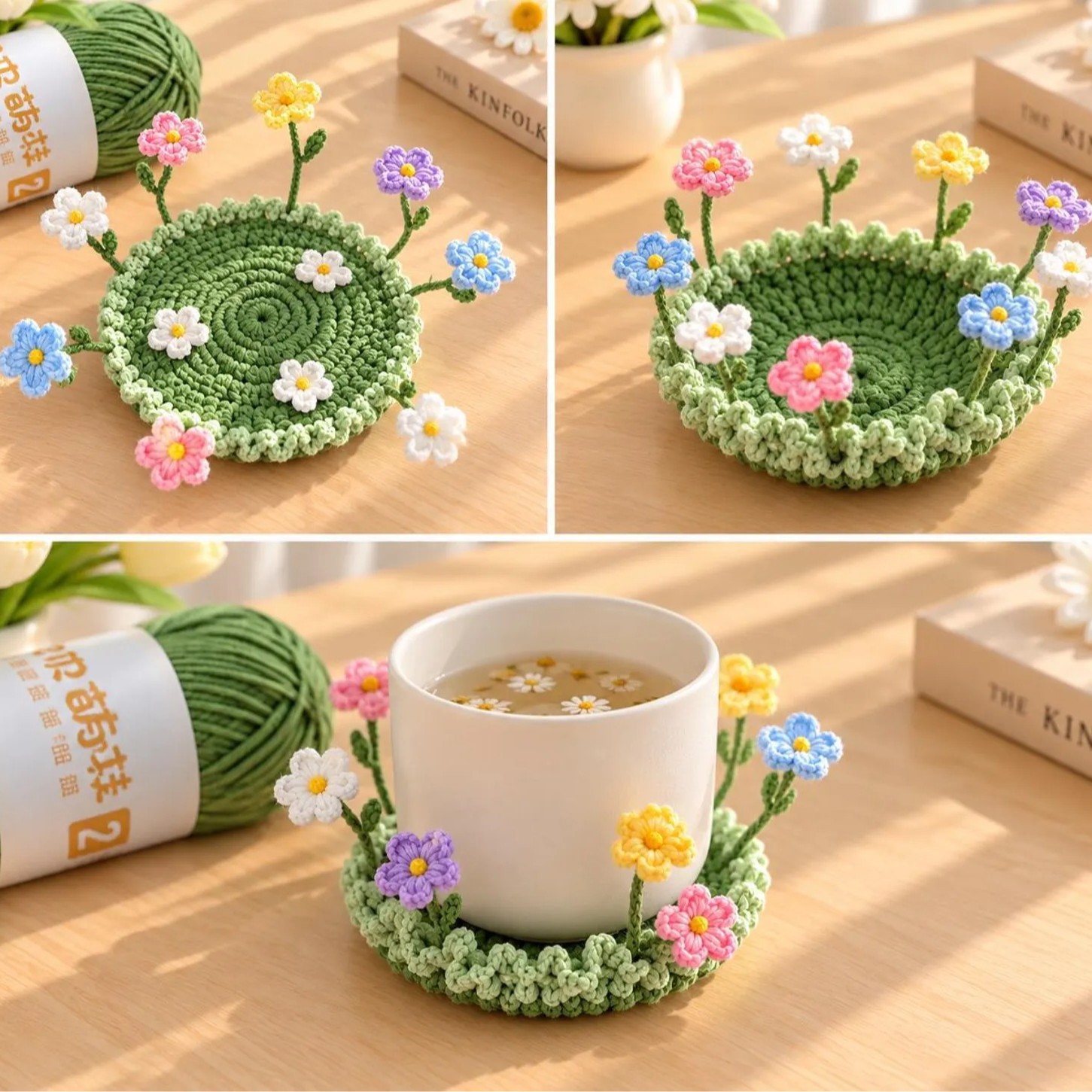 Handmade Crocheted Pop Up Flower Coaster Magic Blooming Floral Mug Mat Home Decor Gift