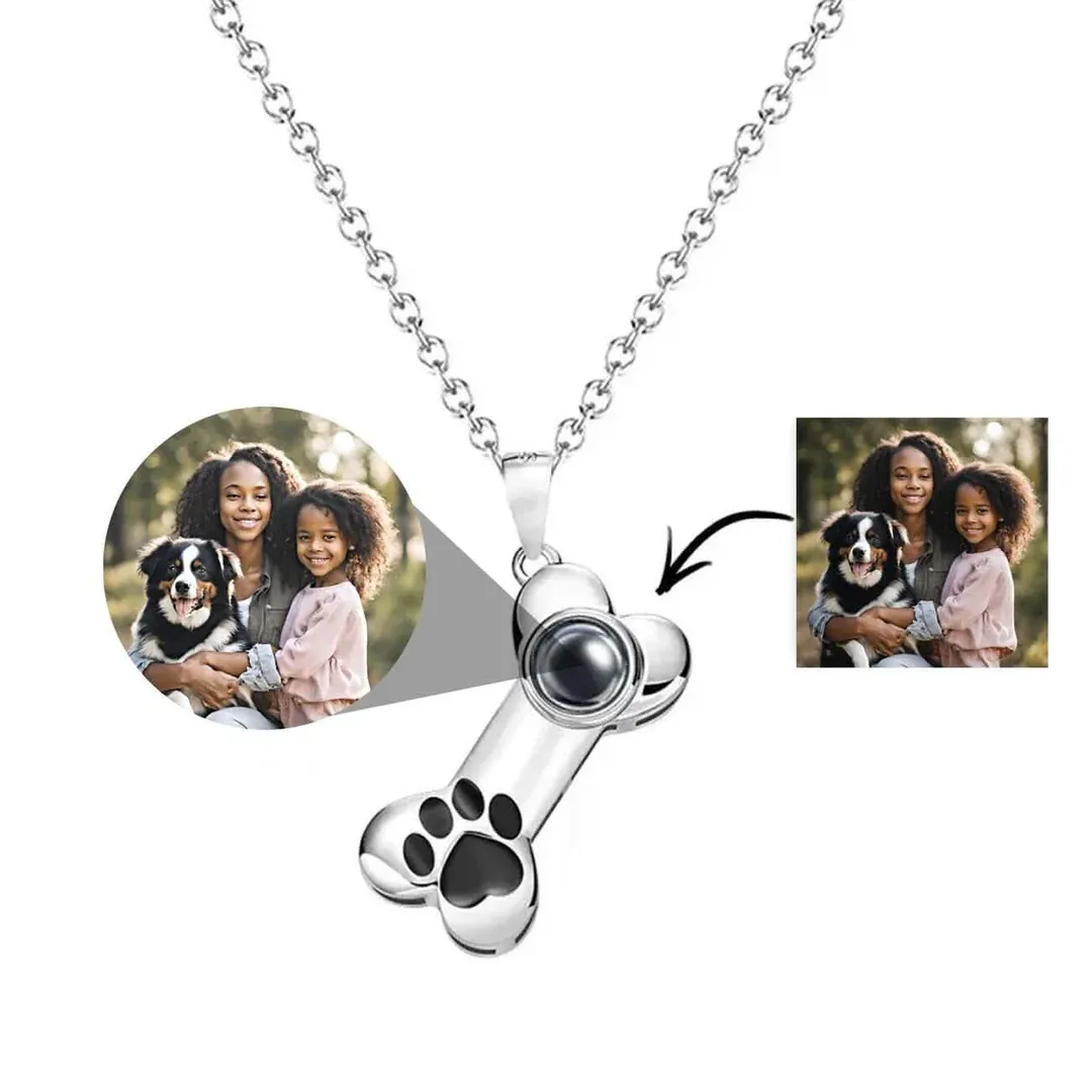 Personalized Dog Bone Projection Necklace with Custom Photo Inside Unique Pet Memory Keepsake Gift