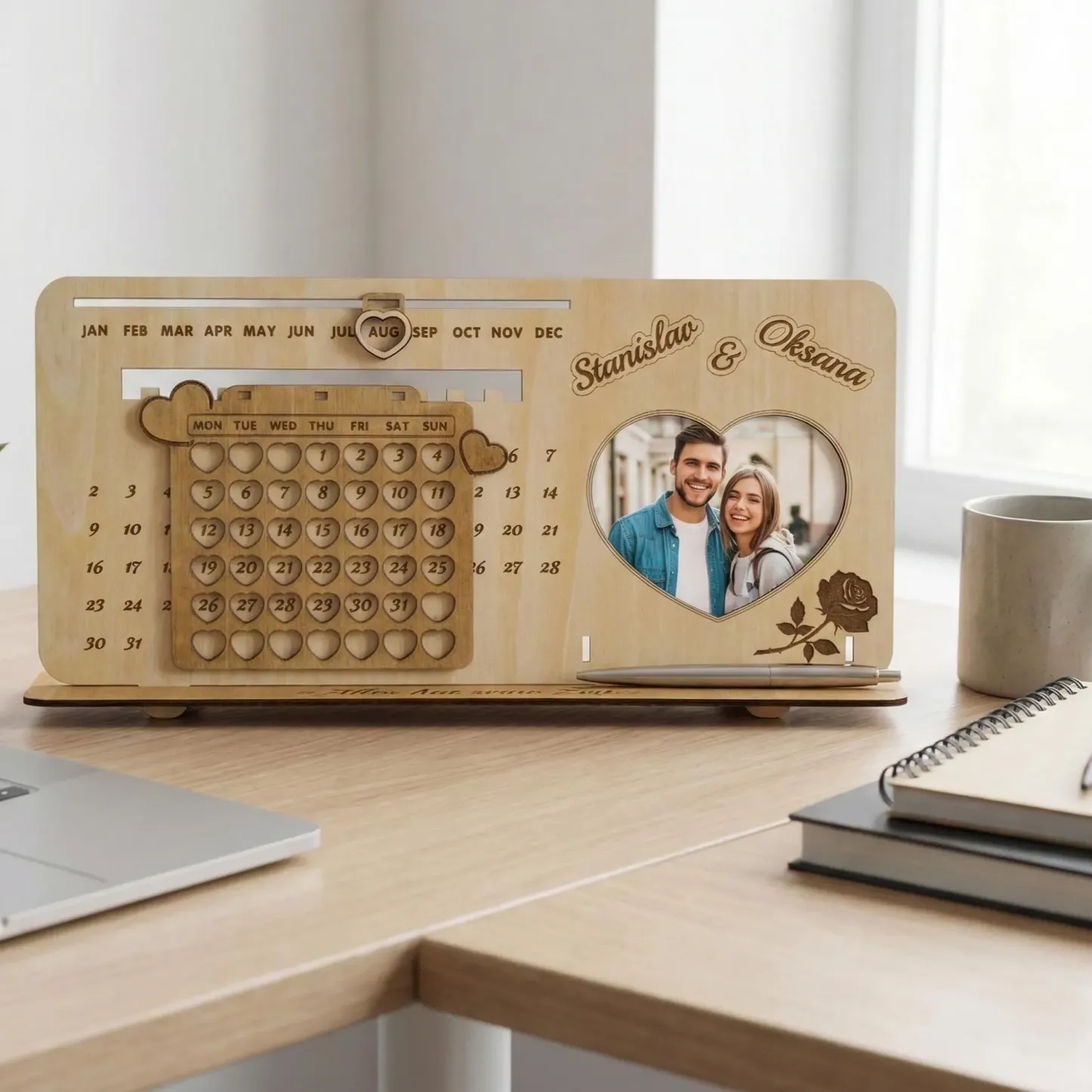 Personalized Photo Perpetual Calendar Custom Infinity Wooden Calendar Engraved Timeless Wooden Perpetual Calendar for Couples Romantic Valentine's Day Gift