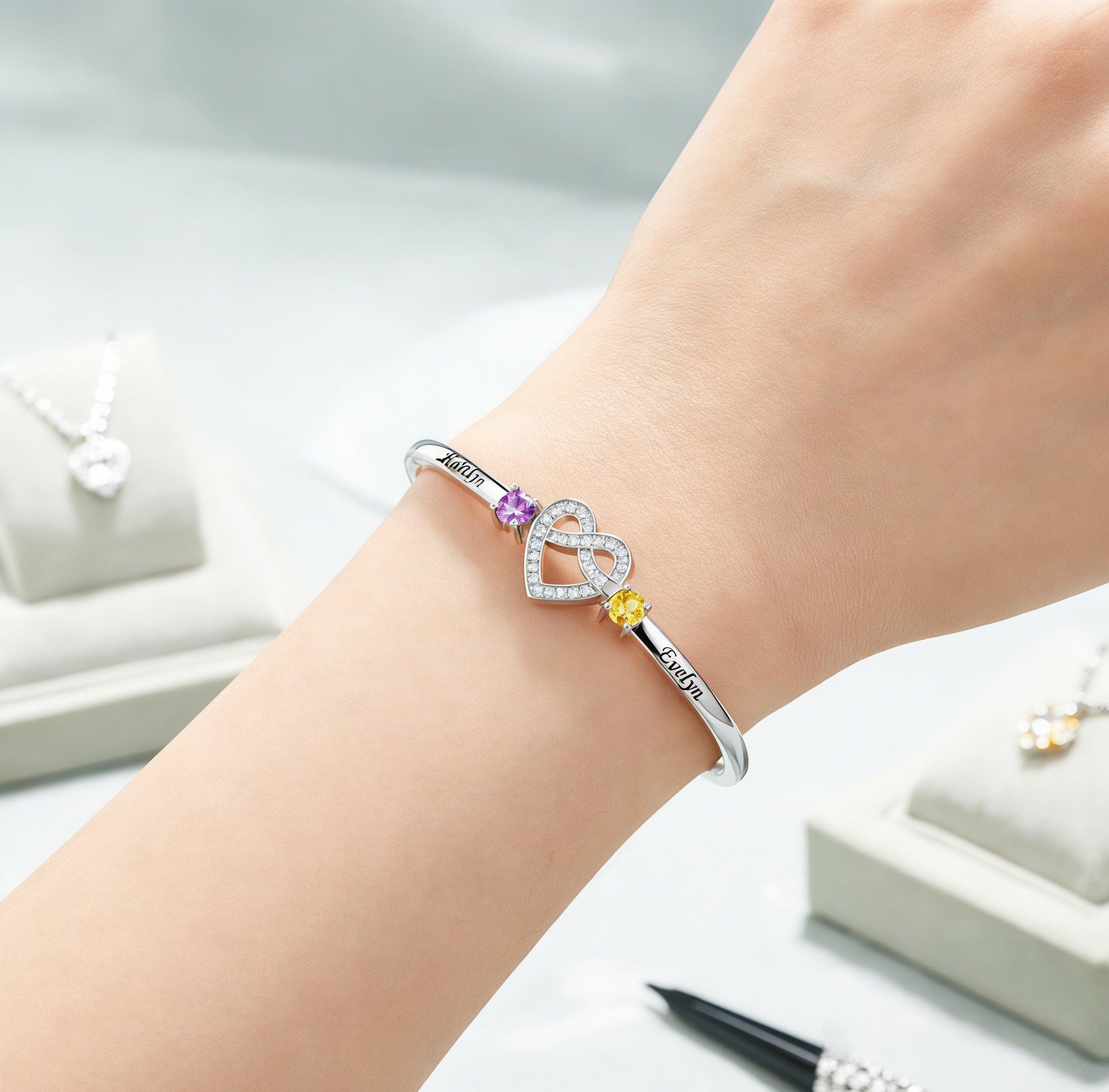 Personalized Names Heart Bracelet Custom Birthstones Heart Wristband Gift for Mom