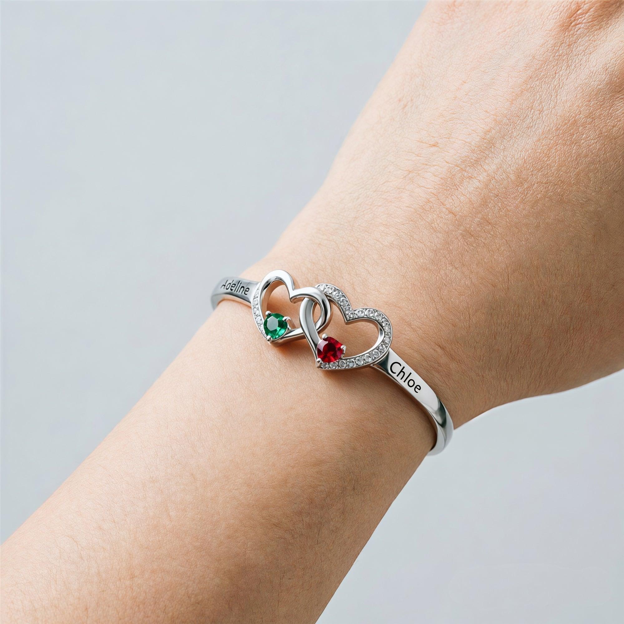 Personalized Two Birthstone Heart Bracelet Custom Engraved Name Bangle Mother Day Gift For Grandmother