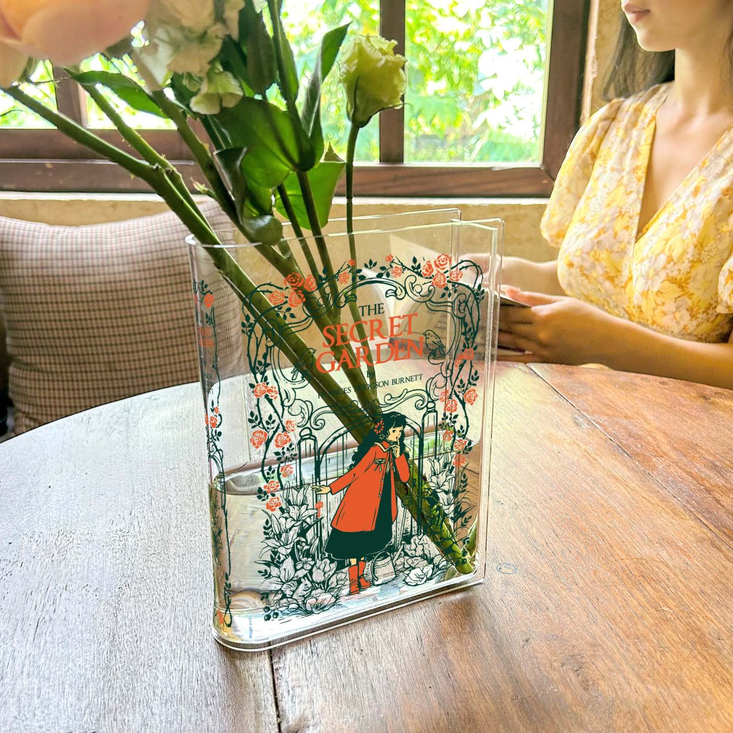 The Secret Garden Acrylic Book Vase Classic Literature Themed Bookshelf Flower Vase "The Secret Garden" Illustrated Acrylic Book Decor