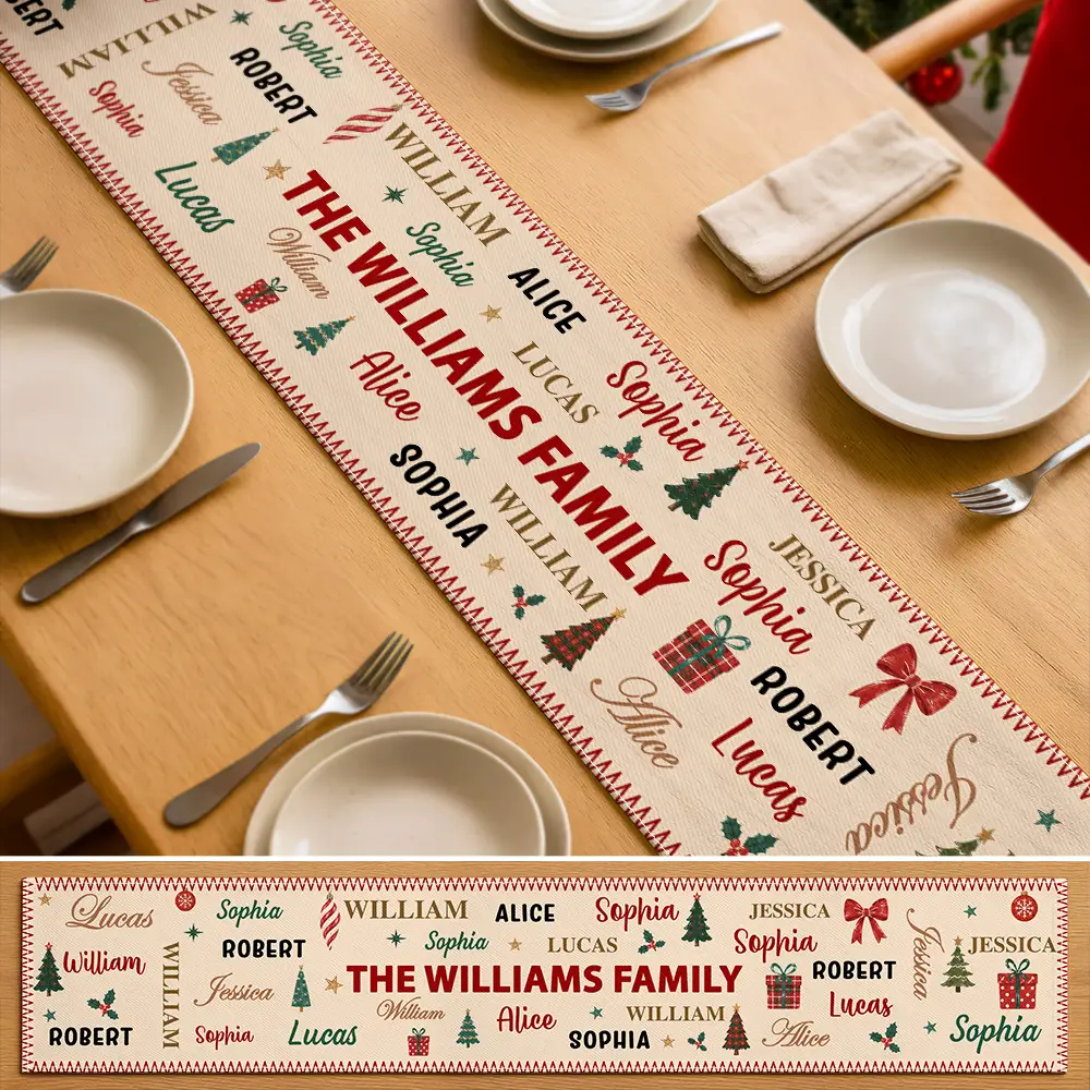 Custom Family Name Christmas Table Runner Personalized Holiday Table Linens Christmas Decor Gift for Family