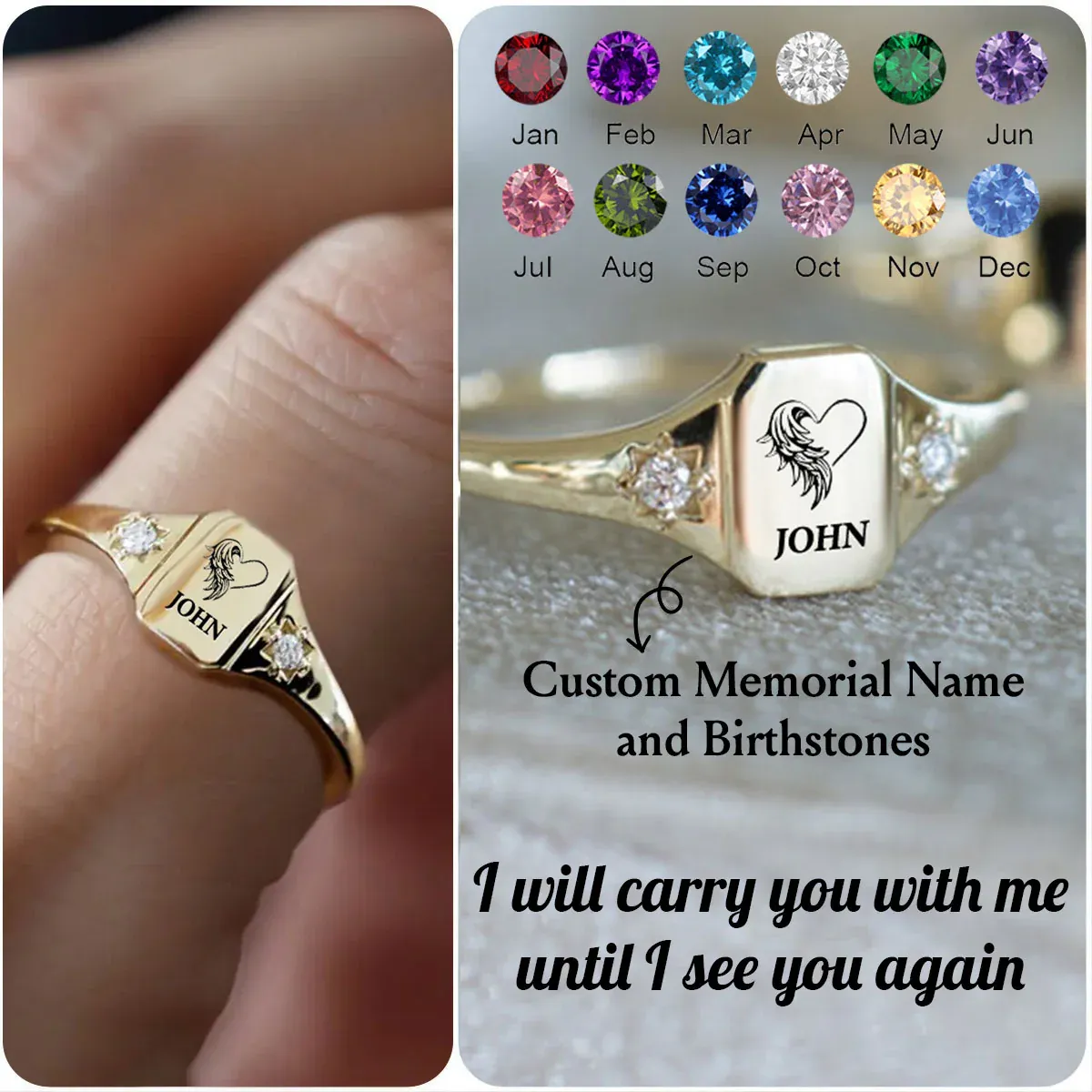 Custom Memorial Birthstone Ring with Angel Wings Personalized Winged Keepsake Ring with Birthstone  Memorial Jewelry