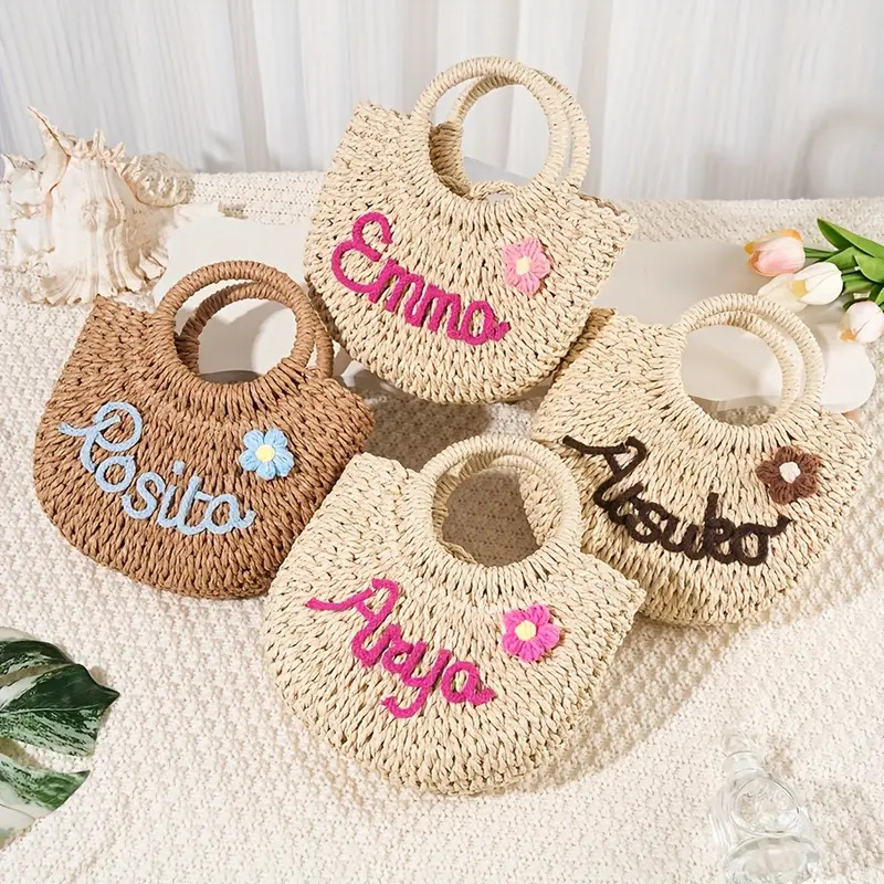 Personalized Straw Beach Bag Custom Summer Name Beach Braided Straw Tote Handwoven Beach Bag Summer Beach Accessory