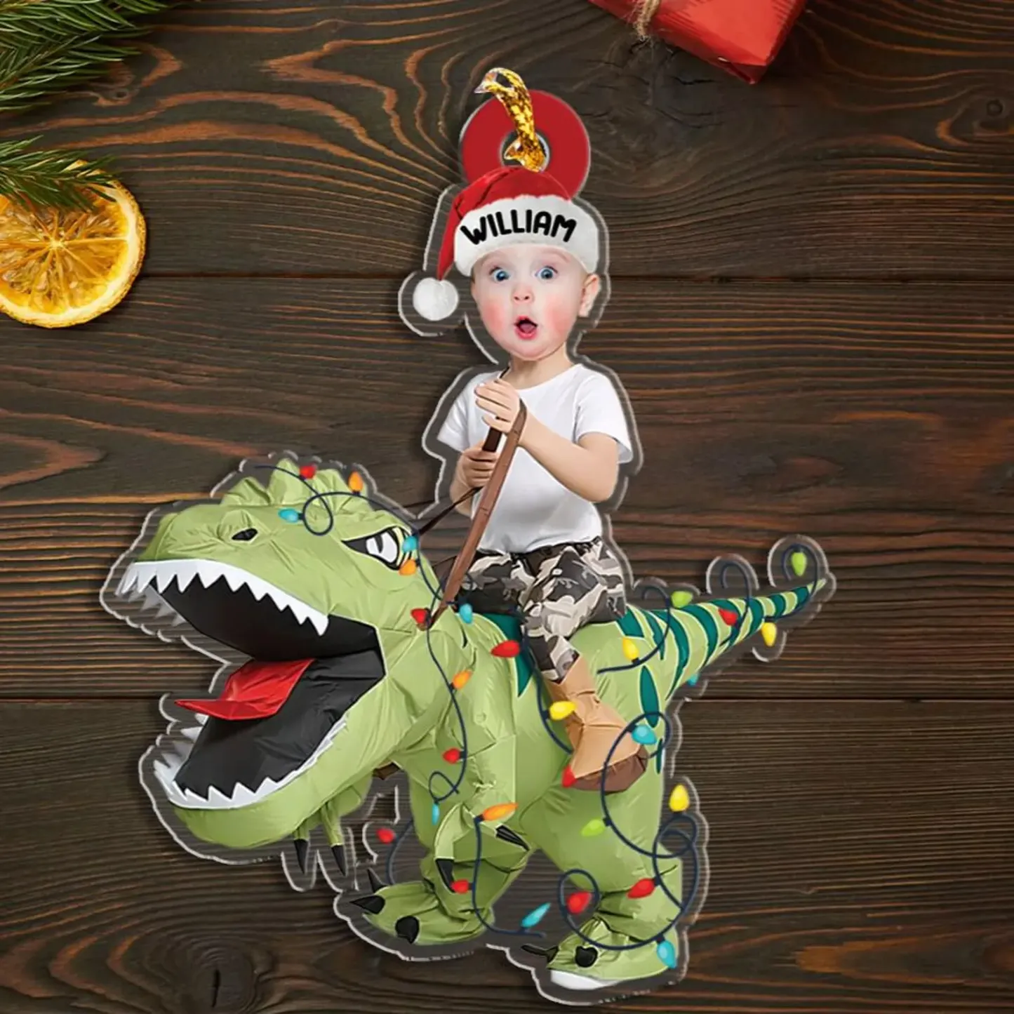 Custom Cute Kid Rides The Dinosaur Kid Photo Flat Ornaments, Christmas Gift Personalized Photo Ornament  Funny Ornament Holiday Decors