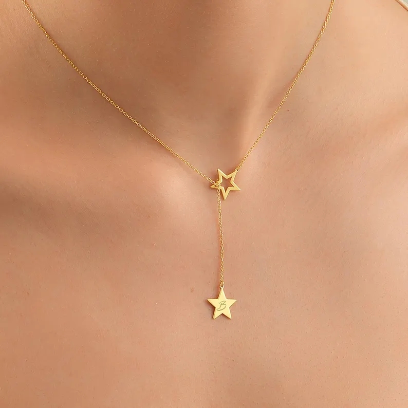 Personalized Initial Star Lariat Necklace Dainty Dangling Necklace for Women,  Custom Your Letter Star Necklace Mother's Day Gift