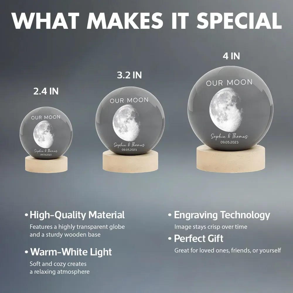 Personalized Our Moon Special Day Crystal Ball LED Night Light Custom Moon Phase Night Light for Couples Romantic Anniversary Gift Valentine's Day Gifts