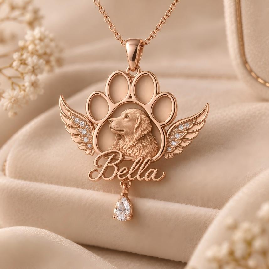 Personalized Paw-Shaped Name Necklace Custom 3D Pet Photo Necklace in Sculptural 925 Sterling Silver with Winged Paw and Teardrop Gemstone Sentimental Jewelry Gift for Pet Lovers - namenecklace