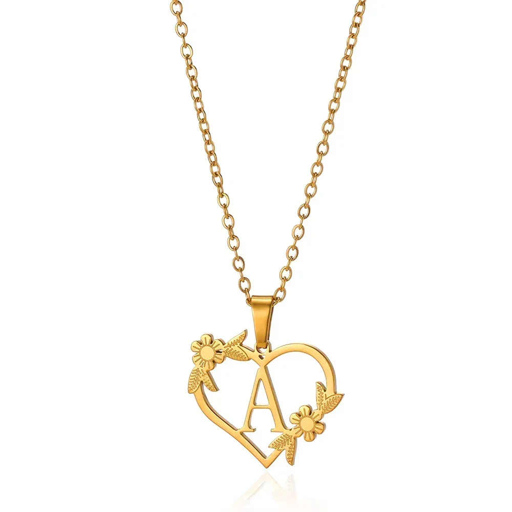 Initial Heart Necklace with Flower Charm Heart Letter Pendant Personalized Floral Initial Necklace Bloom Heart Letter Necklace