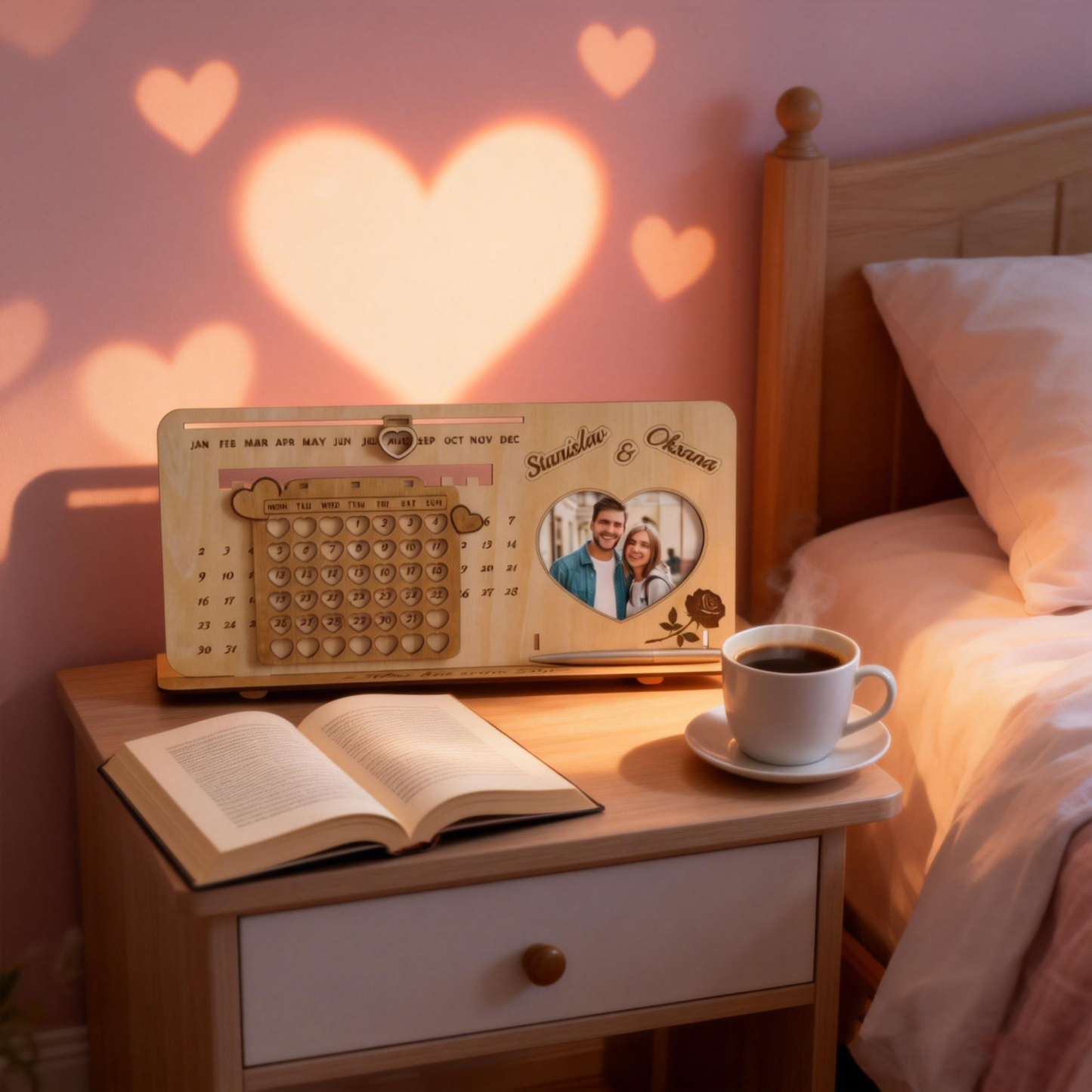 Personalized Photo Perpetual Calendar Custom Infinity Wooden Calendar Engraved Timeless Wooden Perpetual Calendar for Couples Romantic Valentine's Day Gift