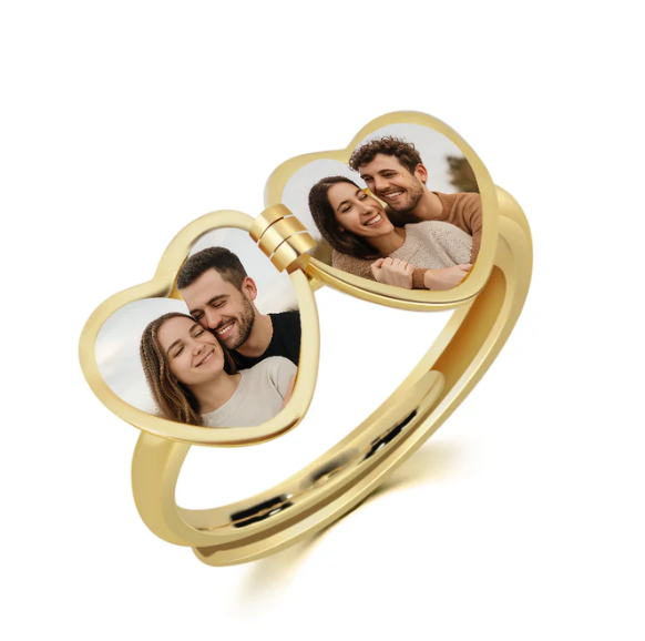 Custom Heart-Shaped Memory Locket Ring & Personalized Double Photo Ring Gift for Couples