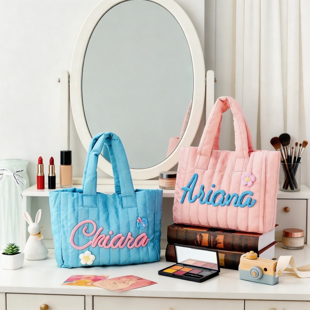 Personalized Name Quilted Nylon Tote Bag Custom Embroidered School Bag with Floral Details Colorful Puffer Tote with Custom 3D Name Embroidery - namenecklace