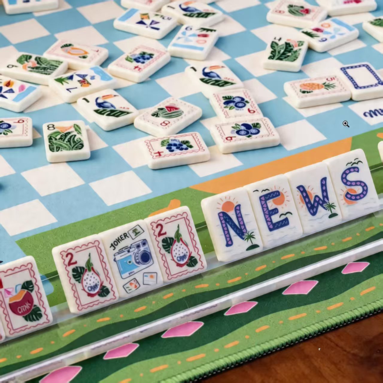 2026Design Luxury Blue Checkered Pattern Acrylic/Melamine America Mahjong Tiles 160 Pieces Thin Slice Portable Travel Gear