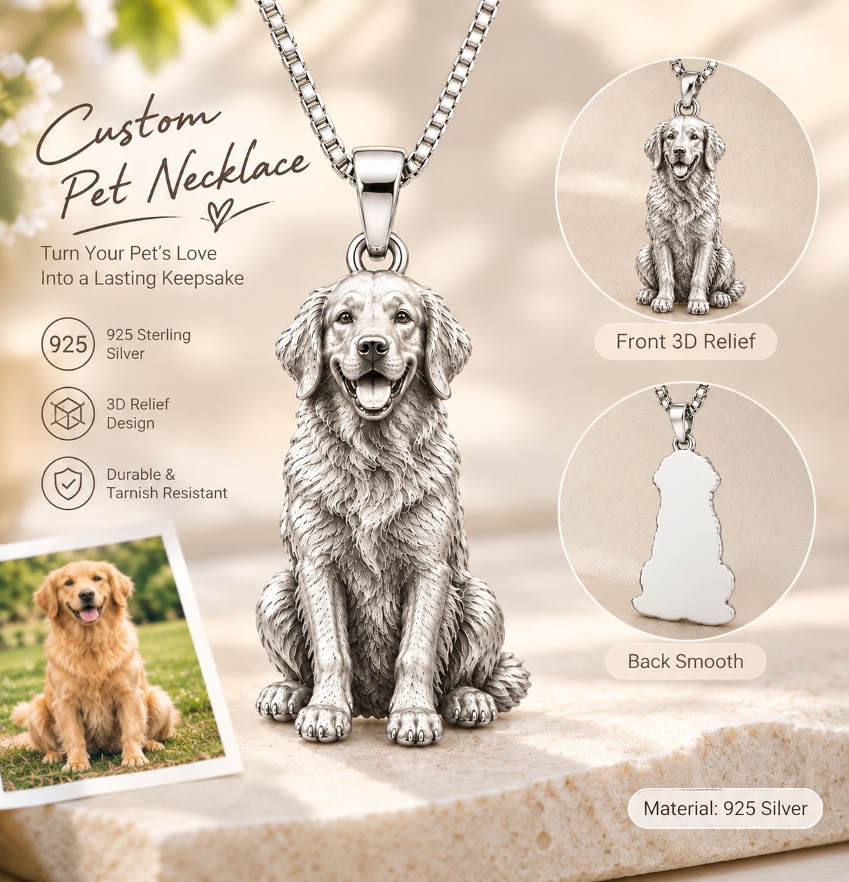 Personalized S925 Sterling Silver 3D Sculpted Pet Photo Necklace Custom Pet Relief Pendant Unique Dog Cat Memorial Jewelry Gift for Pet Lovers