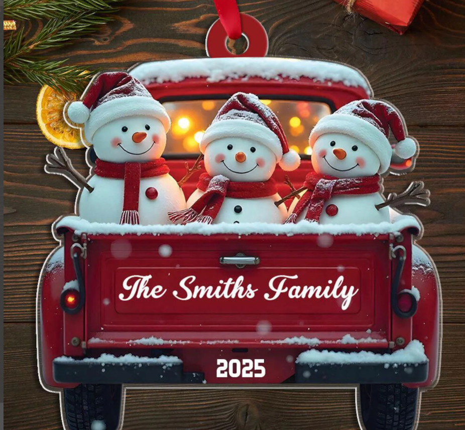 Personalized Snowman Family Christmas Ornament, Red Truck Christmas Ornament Snowman Ornament & Custom Name Ornament