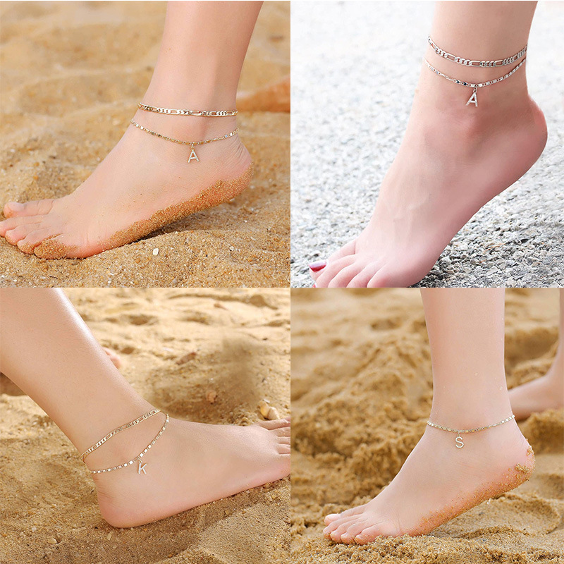 Personalized CZ Initial Double Chain Anklet – Sparkling Letter Charm Layered Ankle Bracelet for Her