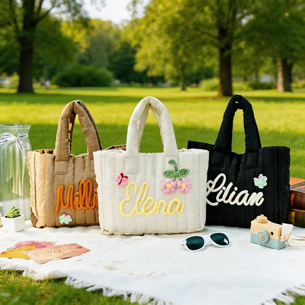 Personalized Name Quilted Nylon Tote Bag Custom Embroidered School Bag with Floral Details Colorful Puffer Tote with Custom 3D Name Embroidery - namenecklace